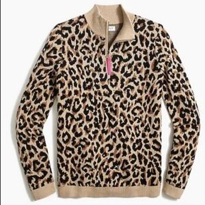 J Crew Leopard Print Half Zip Pullover Sweater Size S 100% COTTON